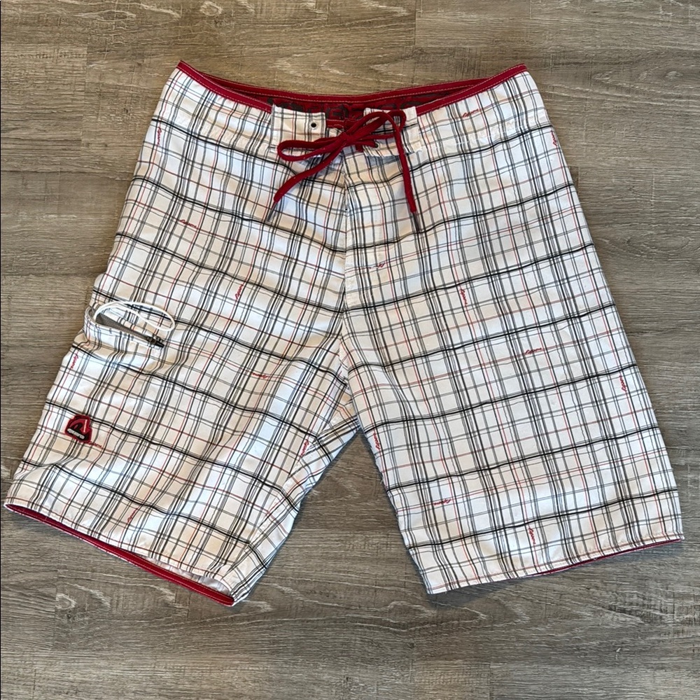 Men's Plaid Swim Shorts - Red, White and Black.